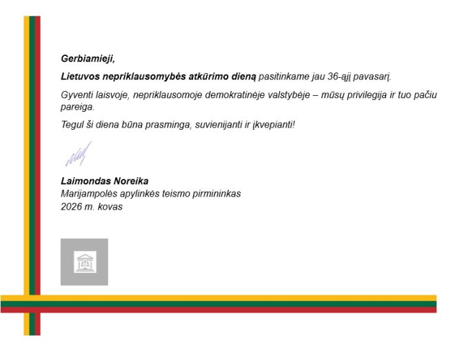 Sveikinimas Lietuvos nepriklausomybės atkūrimo dienos proga 